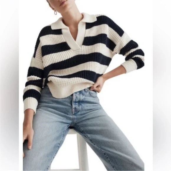Madewell Antique Cream Striped Waffle-Knit Henley Sweater Size M Relaxed Fit - Picture 3 of 16